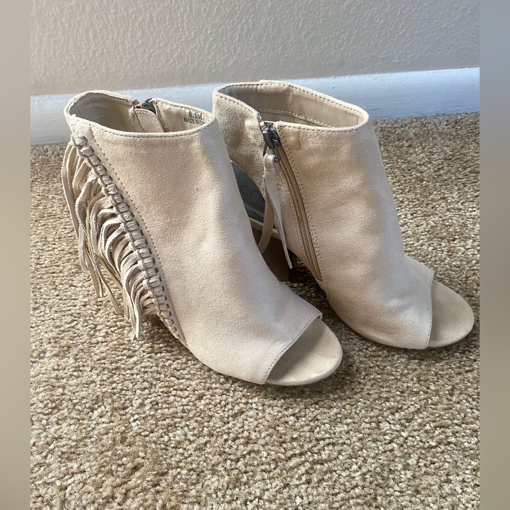 Coconuts by Matisse, beige shoes/boots, heels size 8.5 with fringes. Worn once.